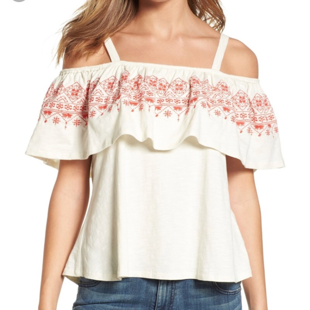 NWT Sanctuary Cream Off-Shoulder Tank Top with Red Embroidery